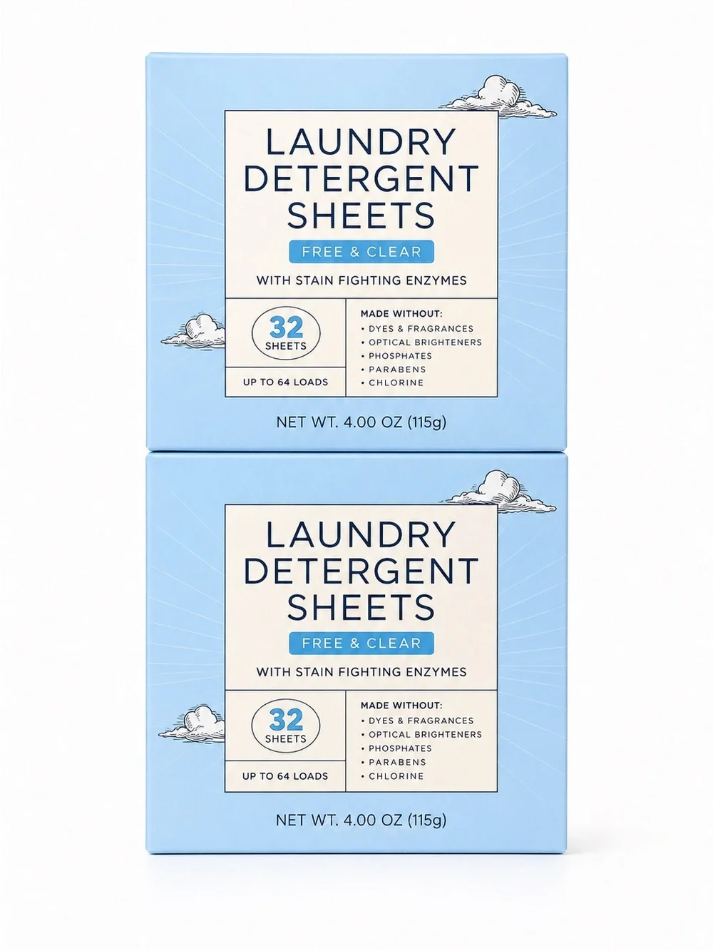 Tj’s Free & Clear Laundry Detergent Sheets - Light Blue (32 Sheets) (pack of 2)
